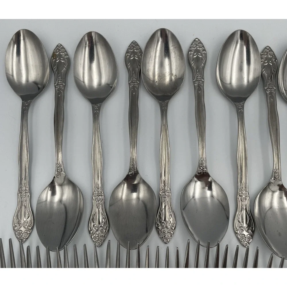 Vtg. 41 Piece Rogers Co. Japan Stainless Flatware Rose Pattern Knife Fork Spoon